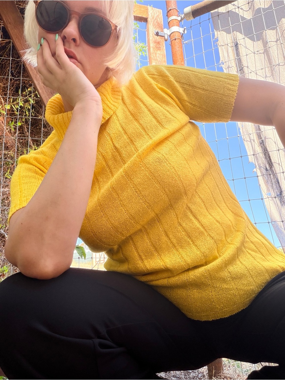 Vintage Bright Yellow Short-Sleeve Ribbed Mock Neck Top